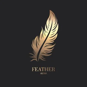 Vector Fluffy Golden Color Feather Logo Icon, Silhouette Feather Closeup Stock Illustration
