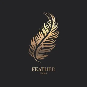 Vector Fluffy Golden Color Feather Logo Icon, Silhouette Feather Closeup Stock Illustration