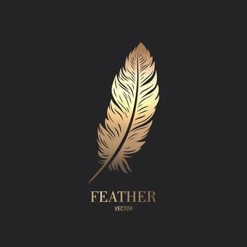 Vector Fluffy Golden Color Feather Logo Icon, Silhouette Feather Closeup Stock Illustration