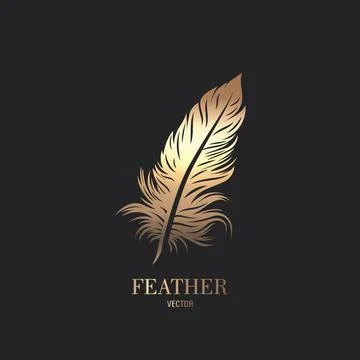 Vector Fluffy Golden Color Feather Logo Icon, Silhouette Feather Closeup Stock Illustration