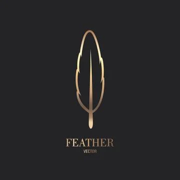 Vector Fluffy Golden Color Feather Logo Icon, Silhouette Feather Closeup Stock Illustration