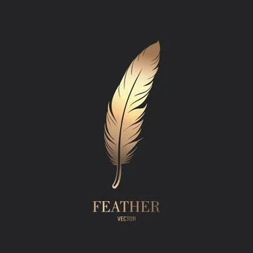 Vector Fluffy Golden Color Feather Logo Icon, Silhouette Feather Closeup Stock Illustration