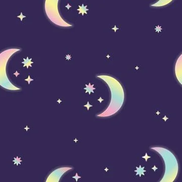 Vector Fluorescent Crescent Moon and Stars on Night Sky seamless pattern back Stock Illustration