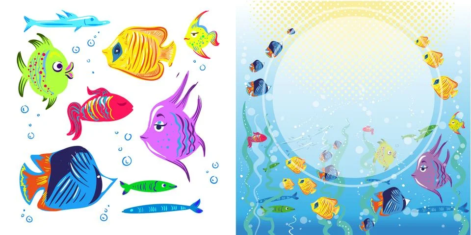 Vector flyer with linear silhouettes of underwater fish. Sketch of bream, carp Stock Illustration