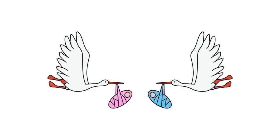 Vector flying colored storks carrying new-born babies Stock Illustration