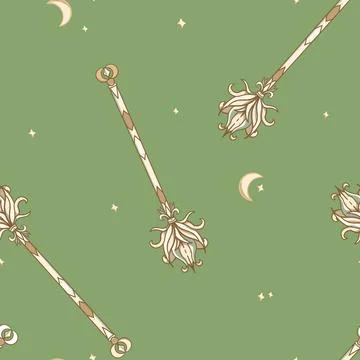 Vector Flying Enchanted Brooms on Moss Green seamless pattern background Stock Illustration