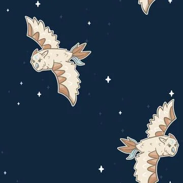 Vector Flying Magical Night Owl on Dark Blue seamless pattern background Stock Illustration
