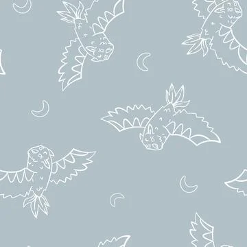 Vector Flying Magical Night Owl on Pastel Blue seamless pattern background Stock Illustration