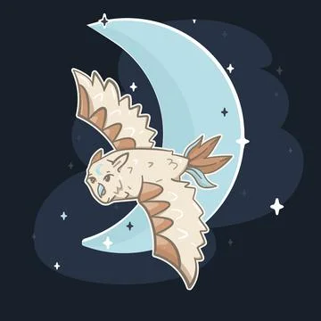 Vector Flying Magical Night Owl on Dark Blue with Crescent Moon Isolated Design Stock Illustration