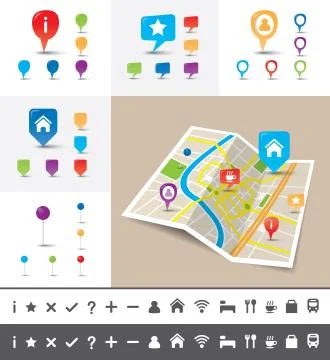 Vector folded city map with gps pin icons and markers Stock Illustration