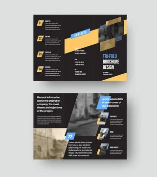 Vector folding triple brochure with blue, yellow geometric design, black back Stock Illustration
