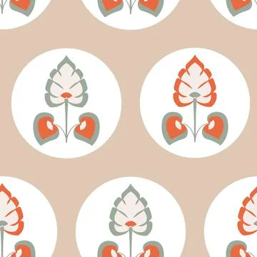 Vector Folklore Abstract Monstera in Warm Colors seamless pattern background Stock Illustration