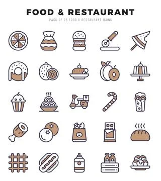 Vector Food and Restaurant types icon set in Two Color style. vector illust.. Illustrazione stock