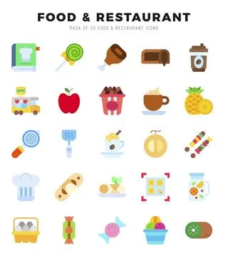 Vector Food and Restaurant types icon set in Flat style. vector illustration. Stock Illustration