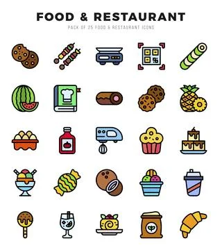 Vector Food and Restaurant types icon set in Lineal Color style. vector ill.. Stock-Illustration