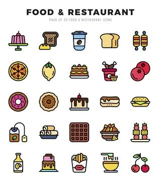 Vector Food and Restaurant types icon set in Lineal Color style. vector ill.. Illustrazione stock