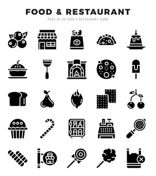 Vector Food and Restaurant types icon set in Glyph style. vector illustration Ilustración de archivo
