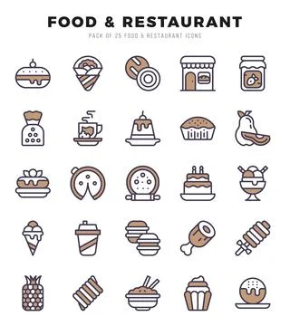 Vector Food and Restaurant types icon set in Two Color style. vector illust.. Illustrazione stock