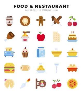 Vector Food and Restaurant types icon set in Flat style. vector illustration. Stock Illustration