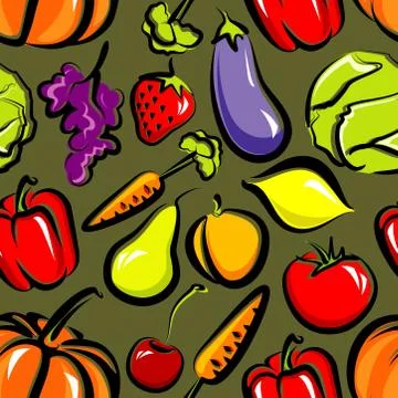 Vector food background with fruit and vegetables. seamless pattern Stock Illustration