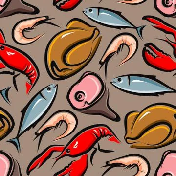Vector food background with meat and seafood. seamless pattern Illustrazione stock