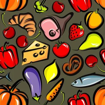 Vector food background with vegetables, fruit, meat, fish and bakery. seamless Stock Illustration