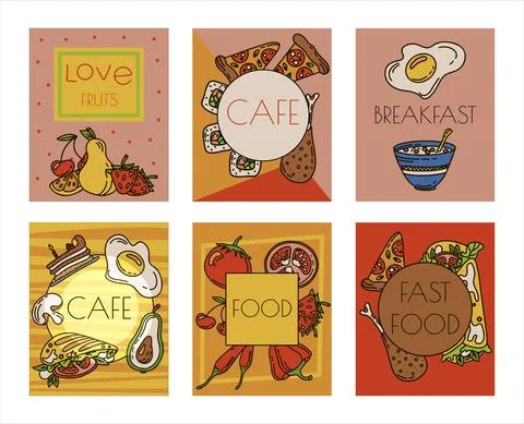 Vector Food Doodle banners. Hand Made Line Art cards. Menu Restaurant. Sketch Stock Illustration