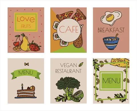 Vector Food Doodle banners. Hand Made Line Art cards. Menu Restaurant. Sketch Stock Illustration