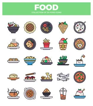 Vector food icon collection. 25 items. flat design Stock Illustration