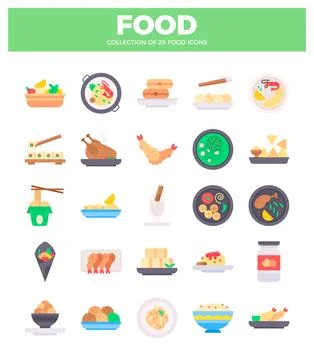 Vector food icons collection in flat design style Stock Illustration