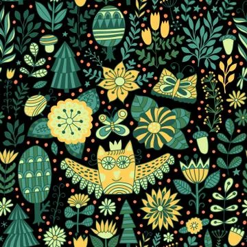 Vector forest design, floral seamless pattern Stock Illustration