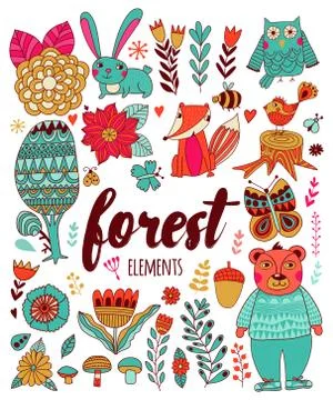 Vector forest elements in doodle childish style Stock Illustration