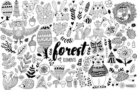 Vector forest elements in doodle childish style Stock Illustration