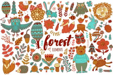 Vector forest elements in doodle childish style Stockillustratie