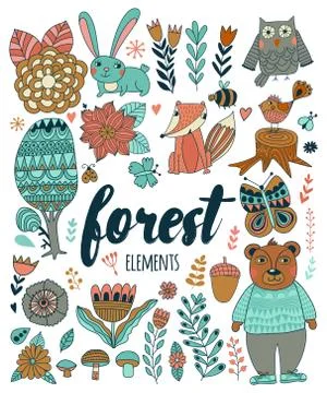 Vector forest elements in doodle childish style Stock Illustration