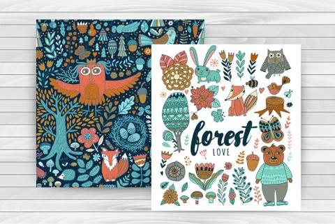 Vector forest elements in doodle childish style Illustrazione stock
