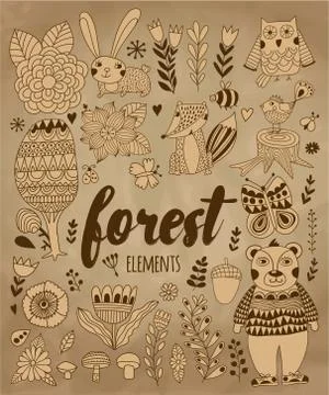 Vector forest elements in doodle childish style Stock Illustration