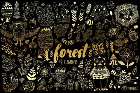 Vector forest elements in doodle childish style Stock Illustration