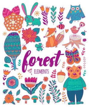 Vector forest elements in doodle childish style Stockillustratie
