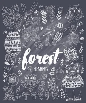 Vector forest elements in doodle childish style Illustrazione stock