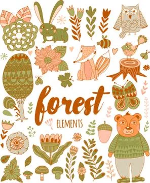 Vector forest elements in doodle childish style Stock Illustration