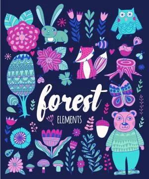 Vector forest elements in doodle childish style Stockillustratie