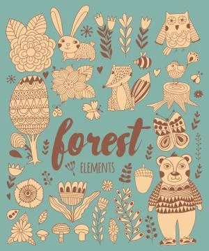 Vector forest elements in doodle childish style Stock Illustration