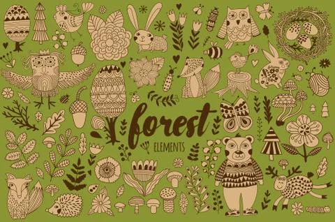 Vector forest elements in doodle childish style Stock Illustration