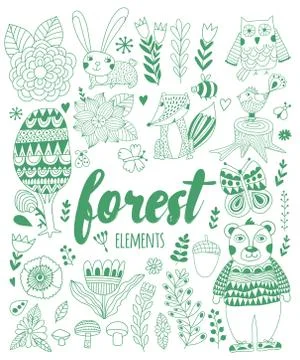 Vector forest elements in doodle childish style イラスト素材