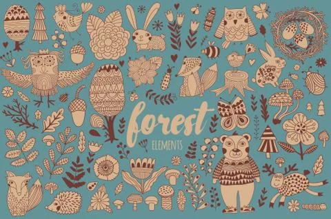 Vector forest elements in doodle childish style Stockillustratie