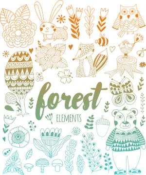 Vector forest elements in doodle childish style イラスト素材