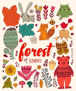 Vector forest elements in doodle childish style Stock Illustration