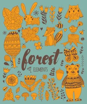 Vector forest elements in doodle childish style Stock Illustration