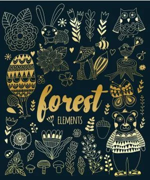 Vector forest elements in doodle childish style Stock Illustration